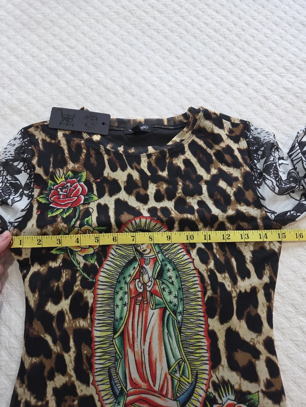 Ed Hardy Dolls Kill Sz Small Leopard Mesh Bodycon Mini Dress Virgin Mary Graphic - Picture 11 of 12
